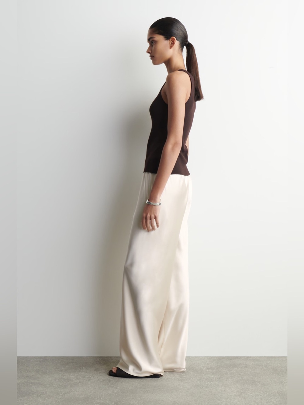 COS Satin Wide-Leg Pants, Elasticated Waistband, Olive-Brown Tone US M - Picture 10 of 12